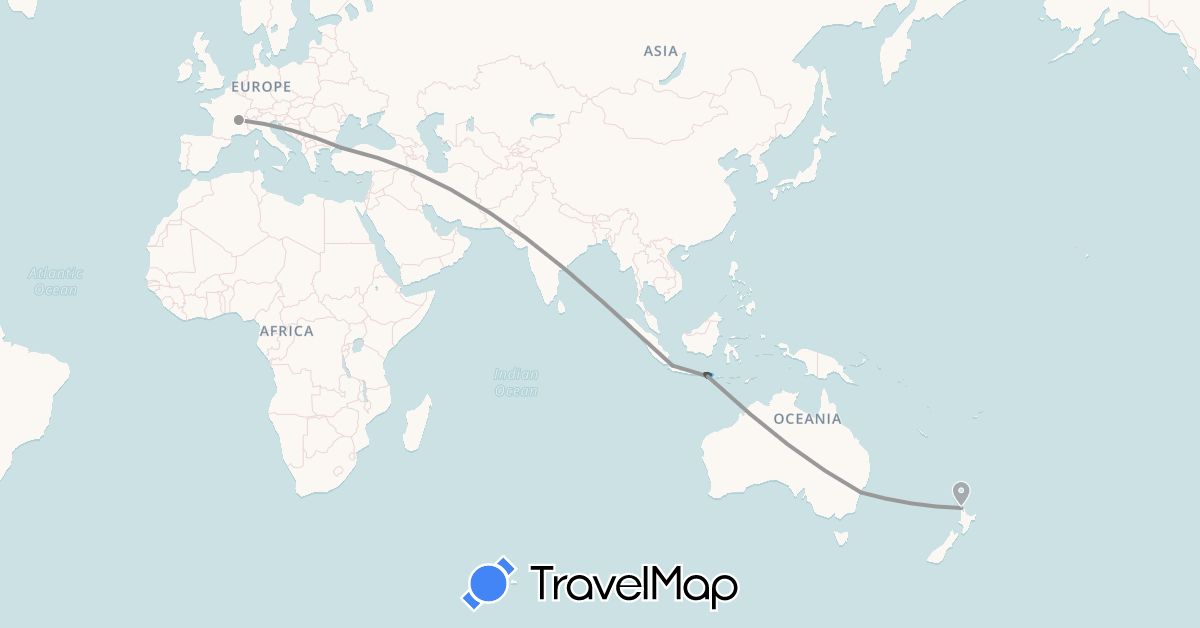 TravelMap itinerary: plane, boat, motorbike in Australia, France, Indonesia, New Zealand, Turkey (Asia, Europe, Oceania)